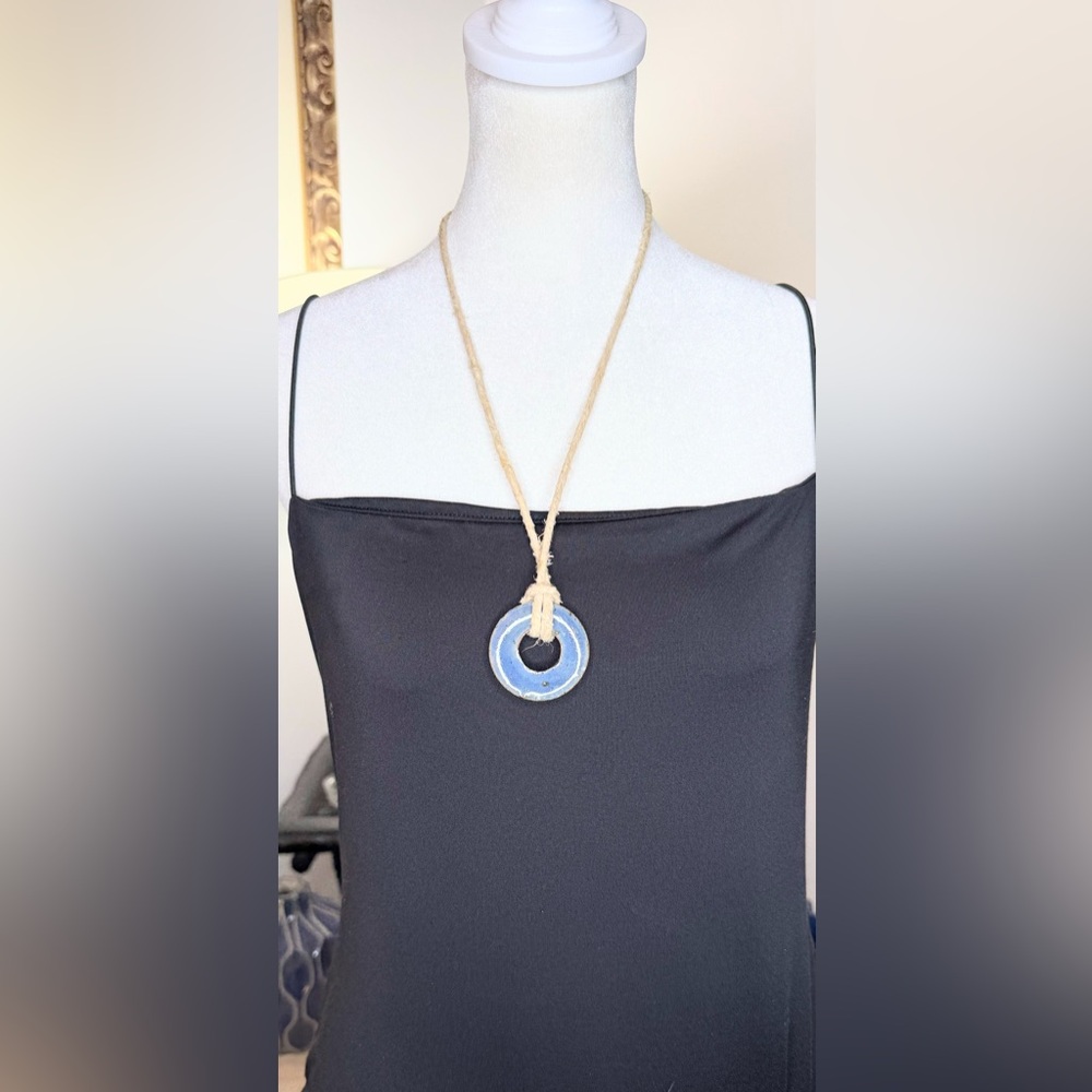 Boho Blue Ceramic Donut Pendant Necklace – Adjustable Rope Cord – 20”